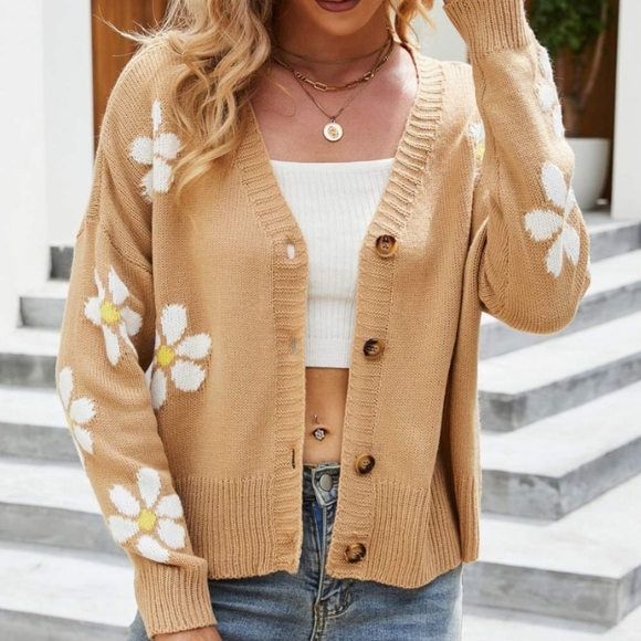 Retro Knit Daisy Flower Classic Button Front Long Sleeve Cardigan Fun 70s Floral - Picture 9 of 11